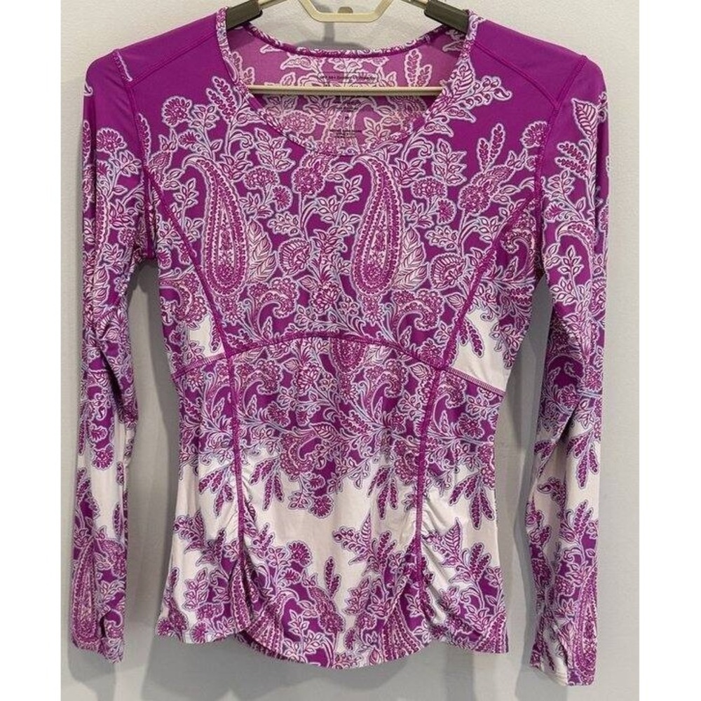 Coolibar Womens Ruched Rash Guard Violet Print Long Sleeve Sun Protection Size M